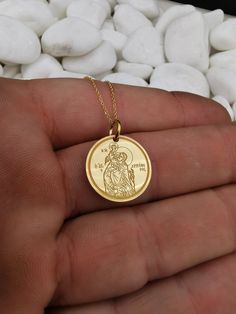 "14k Solid Gold Saint Christopher Necklace, Traveler's Protection Necklace, Religious Necklace, Greek Jewelry, Personalized Orthodox Pendant 14k Solid Gold Pendant & Chain Pendant's Diameter is 0,65 inches (16,5 mm ♥ Material of pendant and chain: Solid Gold 14K ♥ Packaging: All of our jewelry is beautifully boxed and ready for gifting For more personalized designs take a look here: ♥ www.etsy.com/listing/631444472 ♥ www.etsy.com/listing/645282627 ♥ www.etsy.com/listing/631455364 ♥ www.etsy. Spiritual 14k Gold Coin Jewelry, Commemorative Pendant Necklaces With Charms, Commemoration Pendant Necklaces With Charms, Commemoration Charms Necklace With Round Pendant, Commemorative Pendant Necklace With Charms, Gold Jewelry With Charms For Commemoration, 14k Gold Coin Pendant Jewelry For Commemoration, 14k Gold Coin Jewelry For Commemoration, Commemorative Gold Charm Jewelry