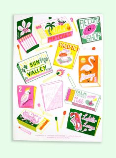 an image of various stickers on a white paper with pink and green colors in the background