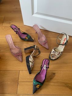 Different vintage shoes on a wooden floor with romantic background scenes Ankle Cuff Heels, Miu Miu Heels, Vintage Designer Fashion, Velvet Sandals, Vintage Prada, Fashion Y2k