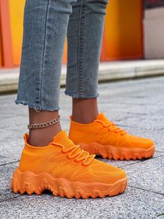 Orange Sporty Collar     Embellished   Women Shoes Slip-on Chunky Sneakers For Sports, Breathable Platform Sneakers For Jogging, Casual Orange Running Shoes With Laces, Casual Orange Running Shoes, Spring High-top Slip-on Sneakers For Jogging, Trendy Slip-on Sneakers For Sports, Casual Lace-up Orange Running Shoes, Comfortable Orange Slip-on Sneakers, Casual Orange Lace-up Running Shoes