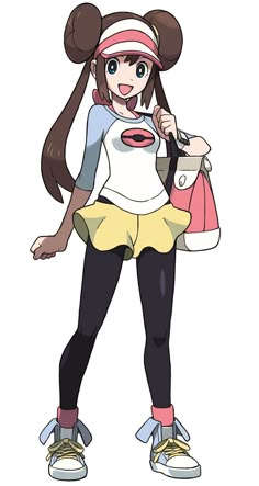 an anime character with long brown hair wearing a white shirt and yellow skirt, standing in front of a red frame