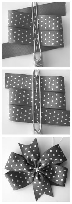 four different pictures of the same ribbon as shown in black and white, with dots on them