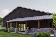 a rendering of a house with a covered porch and stone pillars in the front yard