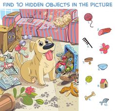 find 10 hidden objects in the picture and color them with their dog's toys