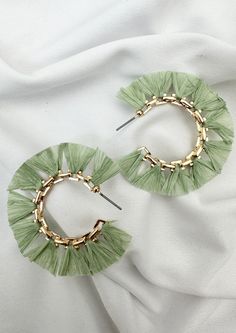 Raffia Hoop Earrings Mint green Gold metal Gold detailing Post entry Mint Green Earrings, Light Mint Green, Green Earrings, Green Gold, Green And Gold, Mint Green, Gold Metal, Hoop Earrings, Mint