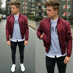 #Proficient Mens Hairstyles Fade, White Jeans Men, Look Jean, Outfits Hombre, Hoodies Sweaters, Men Street, Sneakers Men Fashion, Outfit Casual, Red Jacket