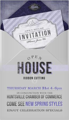 an open envelope with the words house and ribbon cutting on it, in front of a purple