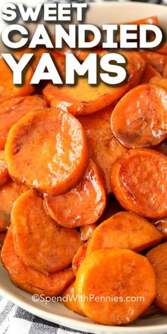 sweet and sour candied yams in a white bowl on a checkered table cloth