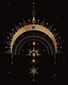 the sun, moon and stars are on display in this black background with gold foil