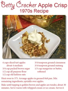 the recipe for betty crocker apple crisp is shown