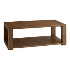 a wooden coffee table with two shelves on each side