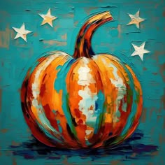 an acrylic painting of a pumpkin on a blue background with white stars around it