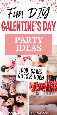 Collage of Galentine's day party ideas, including food, decor, gifts, and activities. Galentines Girls Night In, Galentine Party For Teens, Gal-entines Day Party Ideas, Galentines Activity Ideas Girls Night, Galentine Kid Party, Galentines Party Ideas Girls Night Games, Galentines Dinner Party, Galentine’s Day Girls Night, Games For Galentine Party