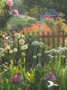 a garden filled with lots of flowers next to a lush green field and wooden fence