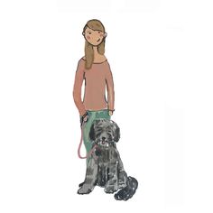 a drawing of a woman standing next to two dogs, one black and the other gray