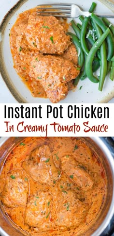 instant pot chicken in creamy tomato sauce with green beans and mashed potatoes on the side