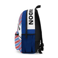 a blue and white backpack with the word london printed on it's front pocket