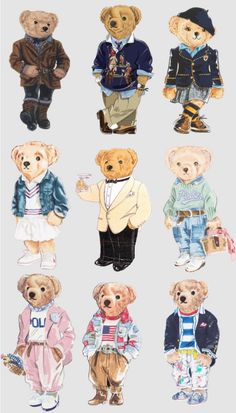 a group of teddy bears dressed in clothes