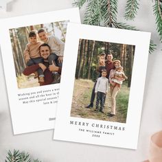 two christmas cards with the words merry christmas on them and an image of three people