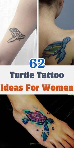 turtle tattoo designs for women on the back of their neck and arm, with text overlay