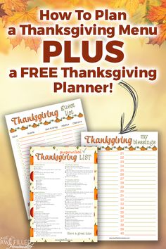 a thanksgiving menu with the text how to plan a thanksgiving menu plus a free thanksgiving planner