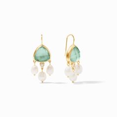 A softly rounded trillion cut gemstone sits atop a petite touch of pavé in the same shape, with three naturally irregular freshwater pearls dangling below. Silversmithing Jewelry, Bridal Statement Earrings, Gold Chandelier Earrings, Julie Vos, Classy Jewelry, French Wire, Aquitaine, Aquamarine Blue, Design Kitchen