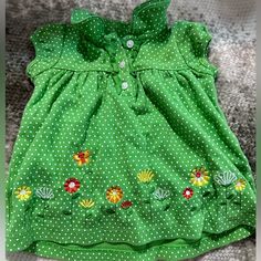 Green Carters T Shirt With Polka Dots And Flowers. 3m Used But Looks Brand New. Has Buttons On Front. Green T Shirt, Green Tshirt, Kids Shirts, Shirts Tops, Baby Clothes, Kids Shop, Polka Dots, Dots, Tops & Tees