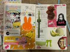 an open book with various stickers and pictures on the pages, including a rabbit