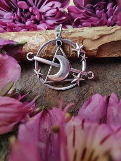 a silver pendant sitting on top of a rock next to purple flowers