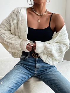 White Casual  Long Sleeve Polyester Plain Cardigan Embellished Medium Stretch Spring/Fall Women Knitwear Knit Cardigan Outfit, Cardigan Fall Outfit, The Cardigans, Cardigan Outfits, Cute Simple Outfits, Outfit Inspo Fall, Cropped Cardigan, Winter Fashion Outfits, White Casual