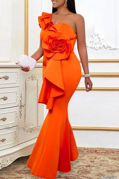 OrcaJump - Elegant Orange Formal Dress with Sexy Backless Design and Oblique Collar - Perfect for Evening Functions Fishtail Maxi Dress, Backless Evening Dress, Evening Dresses With Sleeves, Evening Dress Floor Length, Fishtail Dress, Formal Cocktail Dress, Backless Design