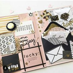 a scrapbook with lots of different types of paper and crafting supplies on it