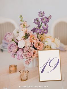 the table is set with flowers and candles for an elegant wedding reception in pastel tones