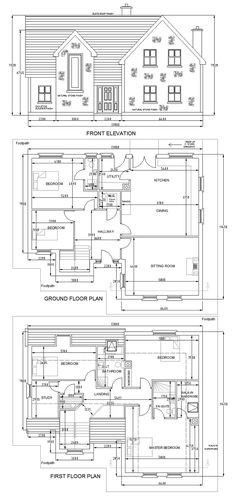 two story house plans with floor plans and measurements for the front and back of the house