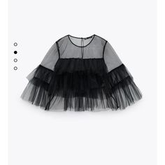 Zara Ruffle Tull Top Brand New With Tag Super Cute Very Flirty.. No Flaws.. Elegant Tulle Top With Ruffles, Party Tops With Ruffles And Tulle Material, Tulle Top With Ruffles For Party, Chic Tulle Tops With Ruffles, Chic Tulle Top With Ruffles, Black Ruffled Blouse For Spring, Spring Black Blouse With Ruffles, Spring Black Ruffled Blouse, Fall Party Tops With Ruffles