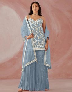 Light Blue Sharara style Suit Faux Georgette Light Blue Sharara, Sharara Style, Blue Sharara, Western Dress For Women, Georgette Sharara, Plazzo Suits, Diwali Dresses, Light Blue Suit, Georgette Tops