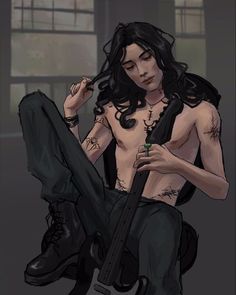 a drawing of a shirtless man with long hair and tattoos sitting on the ground