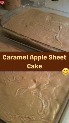 two pans filled with caramel apple sheet cake on top of a countertop