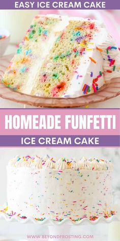 three different types of cake with the words homemade funeti ice cream cake