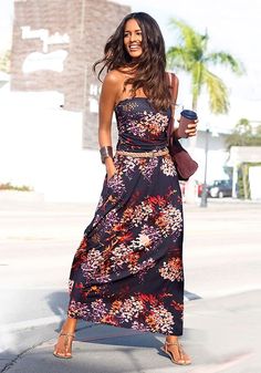 Multi Print Bandeau Maxi Dress Casual Beach Dress, Holiday Maxi Dress, Bandeau Maxi Dress, Women's A Line Dresses, Pocket Maxi Dress, Maxi Long Dress, Beautiful Maxi Dresses, Black Rainbow, Maxi Robes