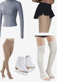 four different types of women's ice skating clothes and accessories, including tights