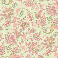 pink and green paisley print fabric with large flowers on it's side, in various colors