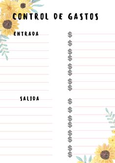 a notepad with sunflowers on it and the words control de gasos entra