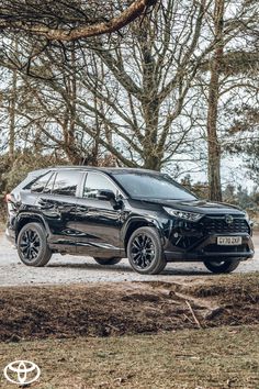 a black toyota rav parked in front of some trees