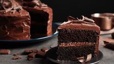 a slice of chocolate cake on a plate with the rest of the cake in the background