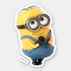 a minion with glasses and overalls holding a cell phone