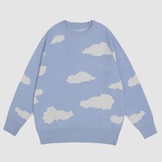 Features: Unisex Round neck Standard wool material Ribbed sleeve cuffs and bottom hem Knitted construction Relaxed fit Pull Bleu Marine, Costume Bags, Cloud Pattern, 50th Clothing, Pullover Pattern, Clouds Pattern, Drop Shoulder Sweaters, Hooded Cardigan, Sweater Sale