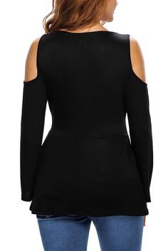 Anything but basic, this knit blouse top has a sexy lace-up neckline and ruched detailing, cutout shoulders complimenting long flare sleeves and a feminine lace Chic Stretch Cold Shoulder Tops, Solid Color Off-shoulder Top For Fall, Stretch Solid Blouse For Night Out, Stretch Solid Color Blouse For Night Out, Elegant Cold Shoulder Top For Night Out, Fitted Cold Shoulder Blouse For Party, Off-shoulder Solid Color Top For Fall, Fall Party Blouse With Cold Shoulder, Chic Stretch Cold Shoulder Blouse