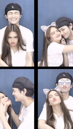 four pictures of a man and woman posing for the camera with their faces close to each other