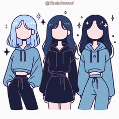 three girls with long hair wearing blue and black outfits, standing in front of stars